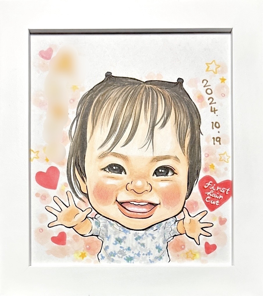 ファーストヘアーカットの似顔絵。髪の毛を貼るために空けて描いています。