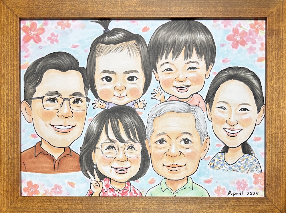 お世話になった友人家族へご家族全員集合の似顔絵をプレゼント